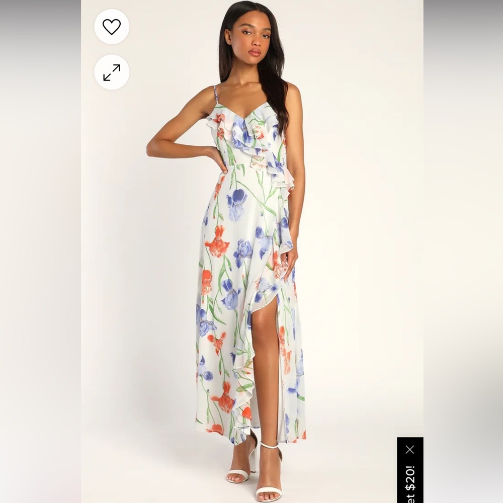 Lulus Elegant Bliss White Floral Print Ruffled Sleeveless Maxi Dress size l